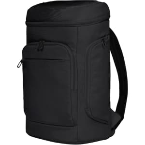 A black laptop backpack featuring multiple zippered compartments and a padded back. It has a simple design with a logo.