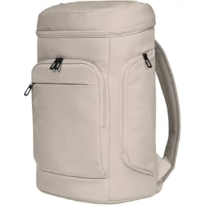 A beige laptop backpack featuring multiple pockets and a padded back for comfort, with a zippered top closure.