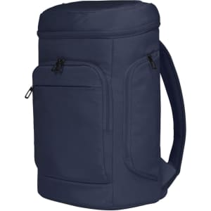 A navy blue laptop backpack featuring multiple zippered pockets and padded straps. It includes a branding logo.