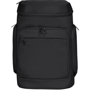 A black laptop backpack with multiple zippered compartments and a sleek design. It has a logo on the front.
