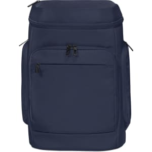 A navy laptop backpack featuring multiple pockets and zippers, including a front compartment. It has a logo on it.