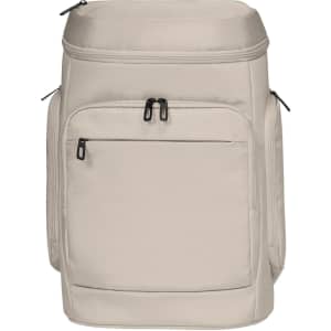 A beige laptop backpack featuring multiple compartments and zippers, with a sleek design and a branded logo.
