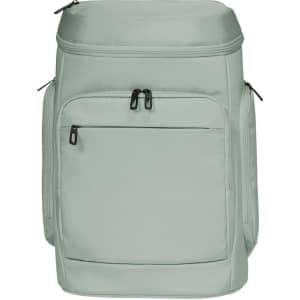 A solid light grey backpack featuring multiple compartments and zippers, designed for laptop transport.