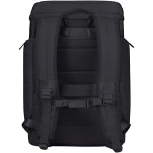 A black laptop backpack featuring padded shoulder straps and a mesh back panel, with zippered side pockets and a branding logo.
