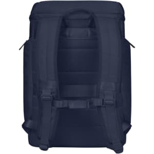 A navy laptop backpack with padded shoulder straps and a sleek design, featuring side pockets and a logo.