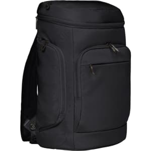 A black solid notebook backpack with multiple zipped compartments and adjustable straps. It features a logo on the front.