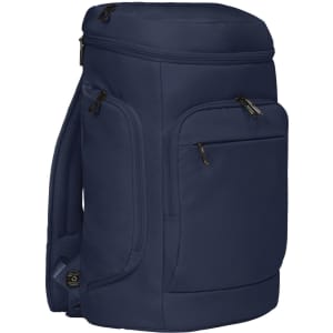A solid navy blue backpack with multiple compartments and a padded back panel. It features zippers and a logo.