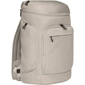 A beige laptop backpack with multiple zippers and a front pocket. Features padded straps and a logo.