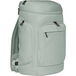 A light green backpack with multiple compartments and a mesh back panel, featuring zippers and a logo.