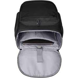A black laptop backpack with a grey interior, featuring multiple compartments and a secure closure.