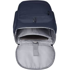 A navy laptop backpack with a spacious interior, featuring a padded compartment for a laptop and a front zip pocket.