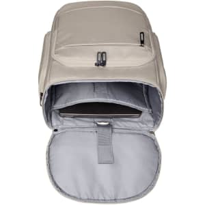A light grey laptop backpack with an open compartment, revealing padded interior space for a laptop and a zip closure.
