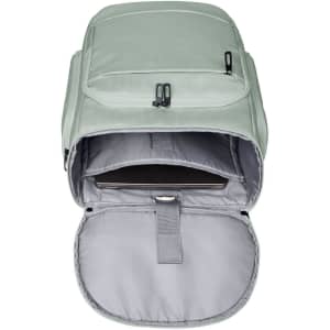 A light grey laptop backpack with an open compartment and inner padding, featuring zippers and an interior strap.