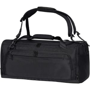 A black duffle bag with multiple zippered compartments and adjustable straps. It features a logo on the surface.