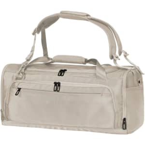 A light beige duffle bag with multiple zipped compartments and adjustable shoulder straps. Features a logo.