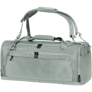 A solid grey duffle bag with multiple zippered pockets and a removable shoulder strap. It has a logo on it.