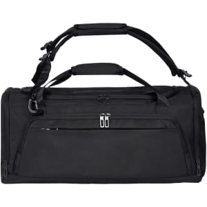 A black duffle bag with multiple compartments, featuring sturdy handles and a removable shoulder strap. It has a logo.