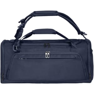 A navy duffle bag with a large zippered compartment, top handles, and a detachable shoulder strap. It has a logo.
