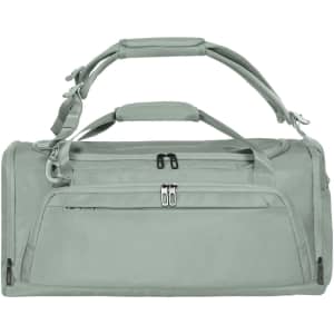 A light green duffle bag with multiple handles and a zippered front pocket, featuring a logo.