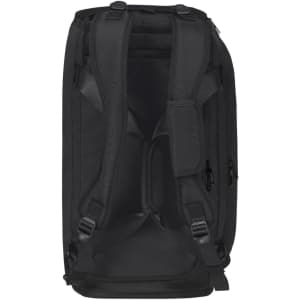 A black duffle bag with adjustable straps and multiple compartments, featuring an interior without contents visible.
