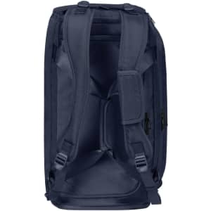 A navy blue duffle bag featuring adjustable straps and a smooth interior. It has one visible logo.