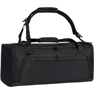 A black duffle bag featuring multiple compartments and an adjustable shoulder strap. It has a logo on the side.
