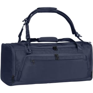 A navy duffle bag with a shoulder strap and multiple zippered compartments, featuring a logo.