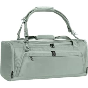 A grey duffle bag with two zippered compartments and adjustable straps, featuring a logo on the side.