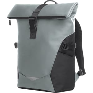A grey and black backpack with a roll-top design and adjustable straps, featuring a logo on the front.