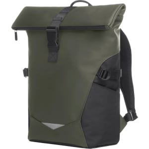 An olive green and black laptop backpack with adjustable straps and a roll-top closure design. It features a logo.
