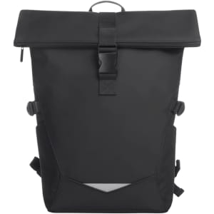 A black laptop backpack with a roll-top closure, featuring adjustable straps and a minimalist design.