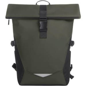 A laptop backpack in olive green with a roll-top closure and black accents, featuring a logo on the front.