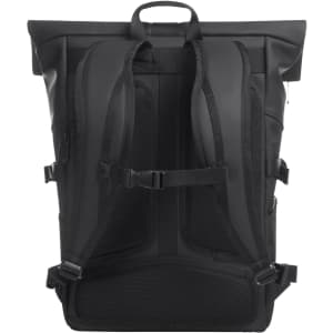 A sleek black laptop backpack with padded straps and mesh back support features, designed for comfort and practicality.