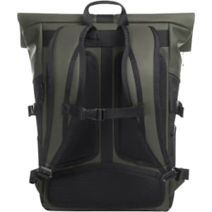 A green laptop backpack featuring adjustable straps, mesh panels, and a sleek design. It has a logo on the front.