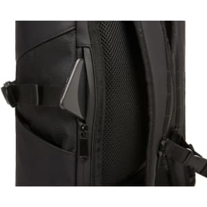 A black laptop backpack featuring a zippered pocket and mesh detailing on the side. There is visible branding.