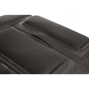 A black laptop backpack featuring padded shoulder straps and a textured surface. The bag includes a logo.