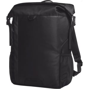 A black backpack with a sleek design, featuring adjustable straps and a small logo on the side.