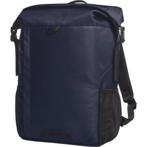 A navy blue backpack with a sleek design, featuring a front pocket and adjustable straps. It has a logo on the side.