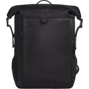 A black backpack with a sleek design, featuring adjustable straps and side pockets. It has a logo on the front.