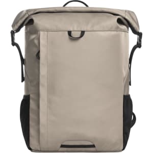A beige and black backpack with a roll-top closure, featuring adjustable straps and side pockets, also has a logo.