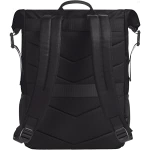 A black backpack with padded adjustable straps and a textured back panel, featuring a handle on top and a logo.