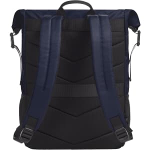 A navy blue and black Mellow Backpack featuring padded shoulder straps and a logo.
