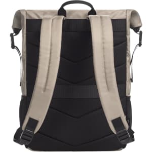 A Mellow Backpack in a beige and black colour scheme featuring padded straps and a textured back.