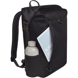 A black Mellow Backpack with a front pocket, featuring a drink bottle and a document inside. It has branding on the exterior.