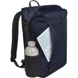 A navy Mellow Backpack featuring a side pocket with a drink bottle and an interior pocket with a book.