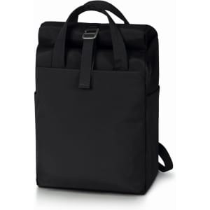 A black Metro Backpack features a sleek design with adjustable straps and a front buckle, ideal for everyday use.