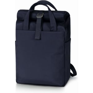 A navy Metro Backpack with dual handles and a structured design, featuring a rear pocket and a logo.