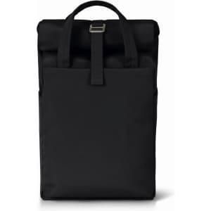 A black Metro Backpack with a roll-top closure and a buckle strap, featuring a minimalist design and a logo.