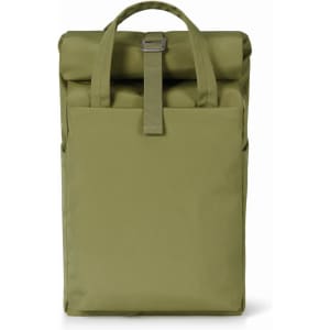 A green Metro Backpack with a roll-top design and a front strap closure, featuring a simple, minimalist look.