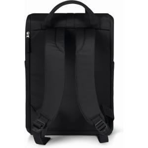 A black backpack with padded shoulder straps and a top handle. It features a zip closure and an exterior pocket.